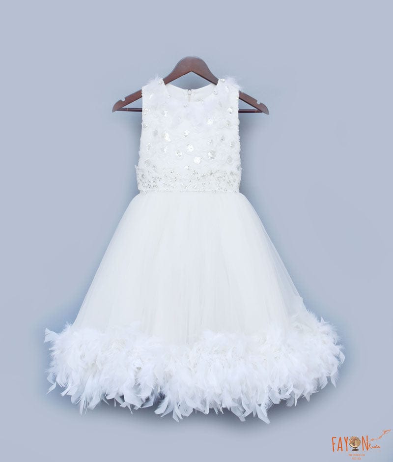 Fayon Kids White Ribbon work Frock with Feathers for Girls