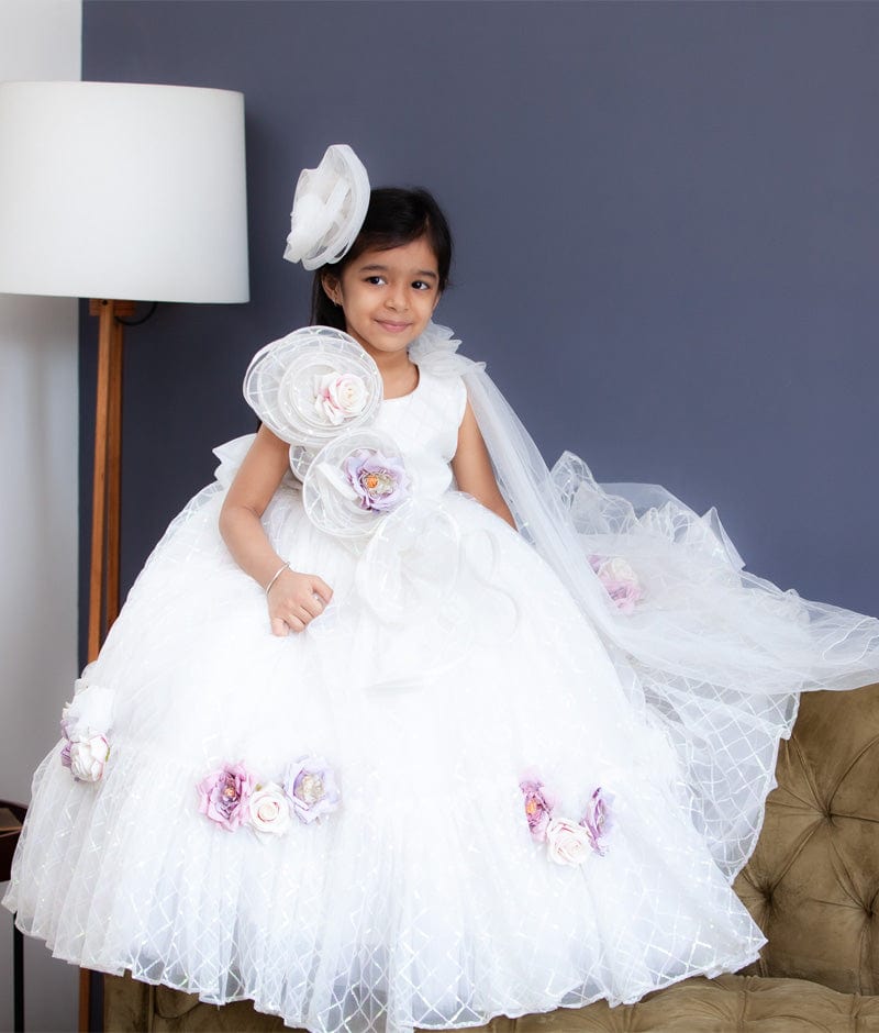 White Sequins Net Gown for Girls