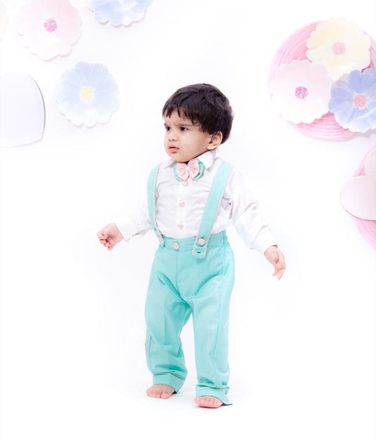 Fayon Kids White Shirt with Suspenders Aqua Pants for Boys