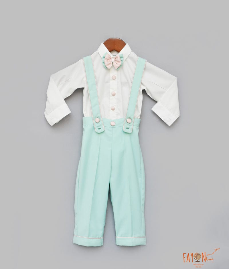 Fayon Kids White Shirt with Suspenders Aqua Pants for Boys