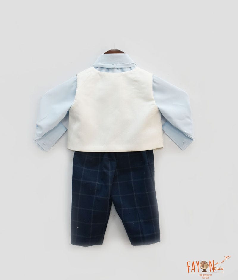 Fayon Kids White Waist Coat with Blue Shirt and Dark Blue Check Pants for Boys