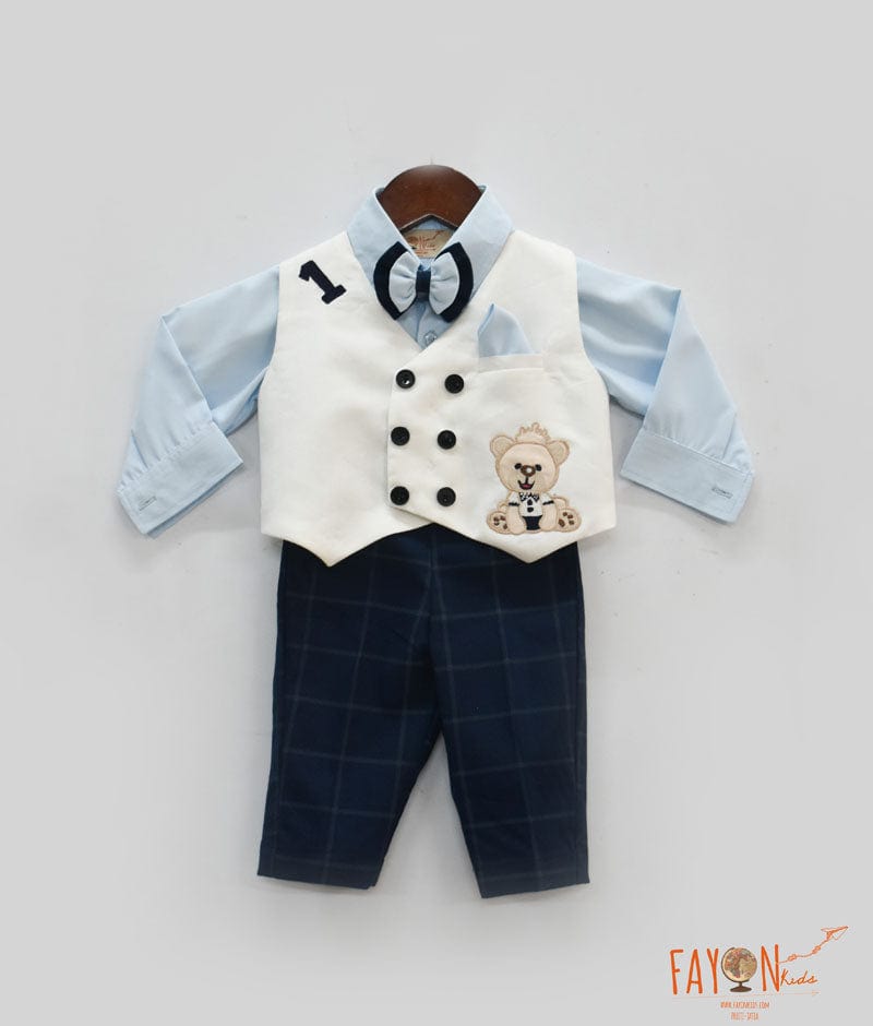 Fayon Kids White Waist Coat with Blue Shirt and Dark Blue Check Pants for Boys