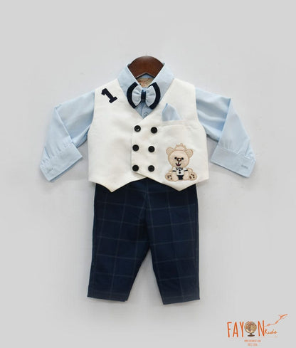 Fayon Kids White Waist Coat with Blue Shirt and Dark Blue Check Pants for Boys