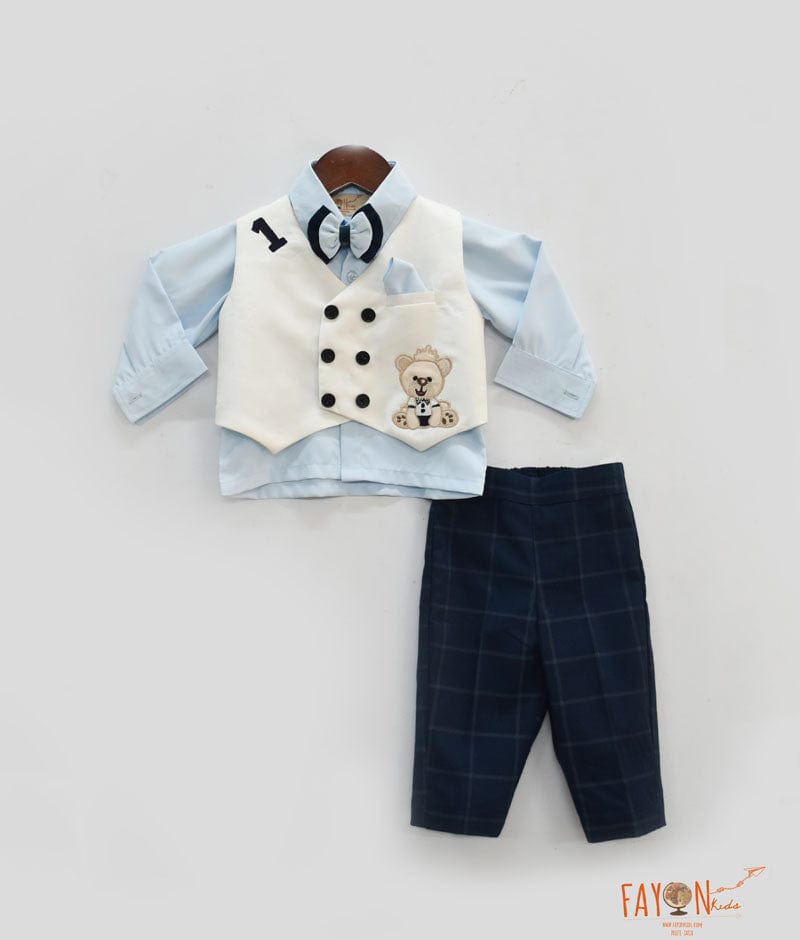 Fayon Kids White Waist Coat with Blue Shirt and Dark Blue Check Pants for Boys