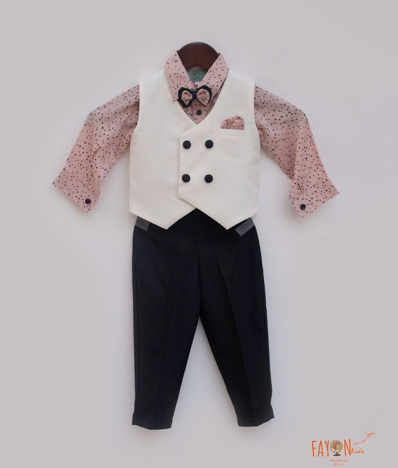 Fayon Kids White Waist Coat with Peach Printed Shirt Black Pants for Boys