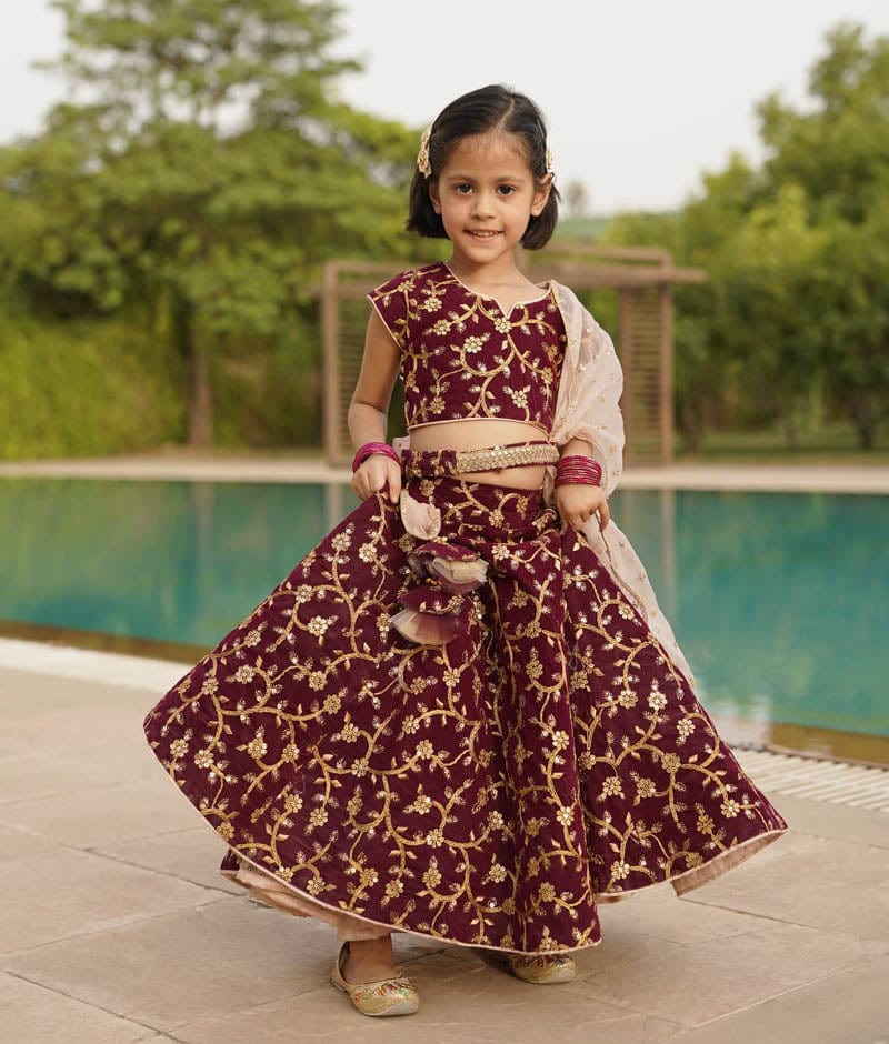 Fayon Kids Wine Embroidery Velvet Lehenga Choli and Dupatta for Girls