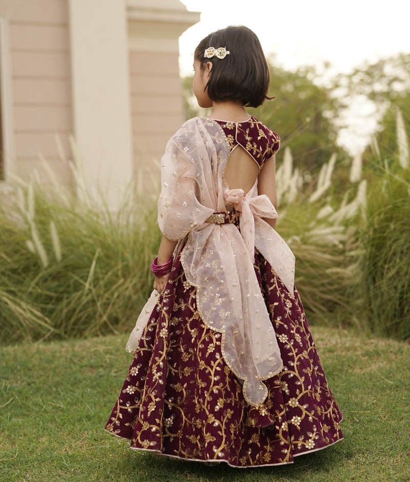 Fayon Kids Wine Embroidery Velvet Lehenga Choli and Dupatta for Girls