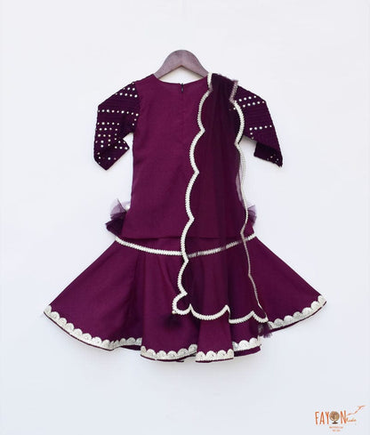 Wine Burgundy Mirror and Thread Sharara with Kurti Net Dupatta for Girls