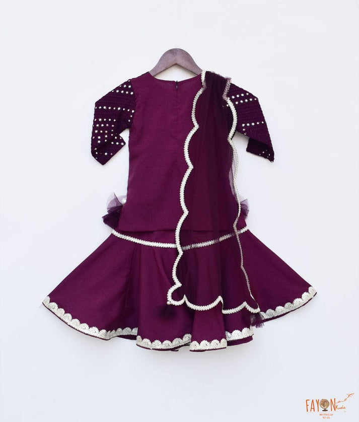 Wine Burgundy Mirror and Thread Sharara with Kurti Net Dupatta for Girls