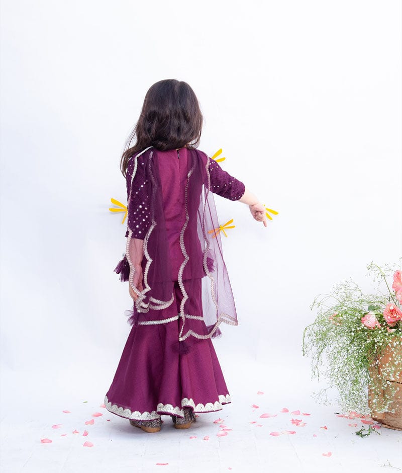 Wine Burgundy Mirror and Thread Sharara with Kurti Net Dupatta for Girls