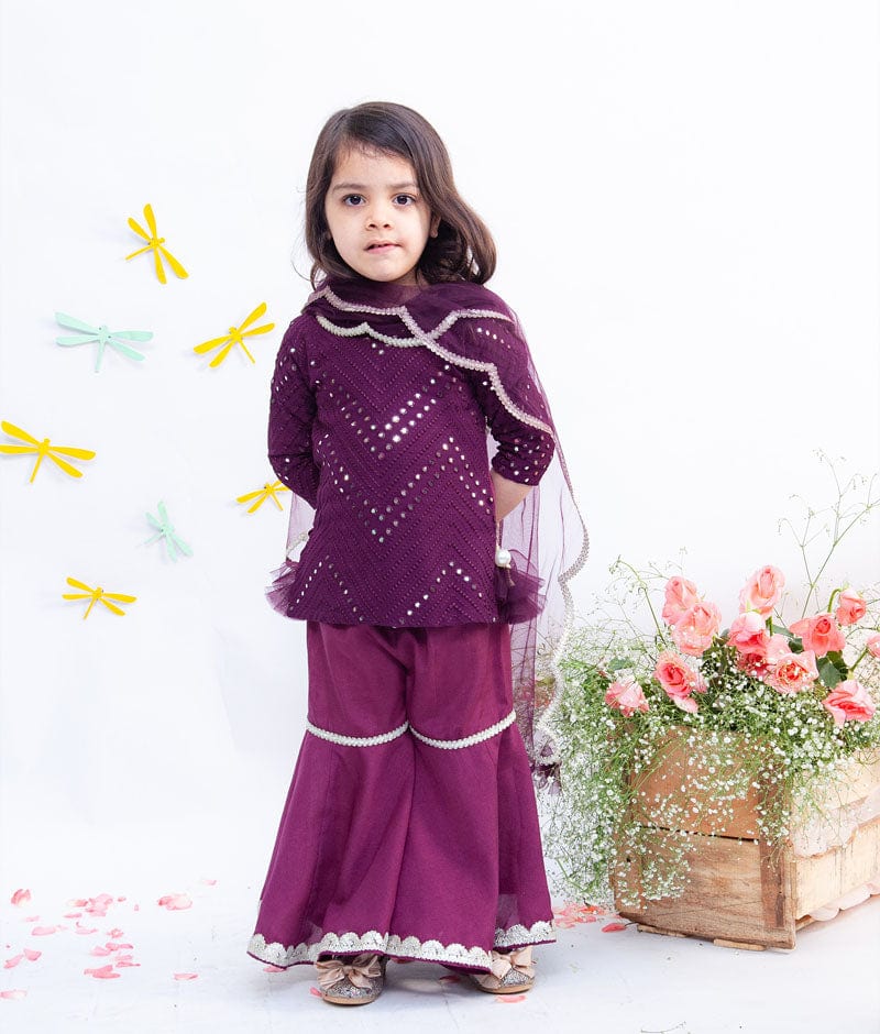 Wine Burgundy Mirror and Thread Sharara with Kurti Net Dupatta for Girls