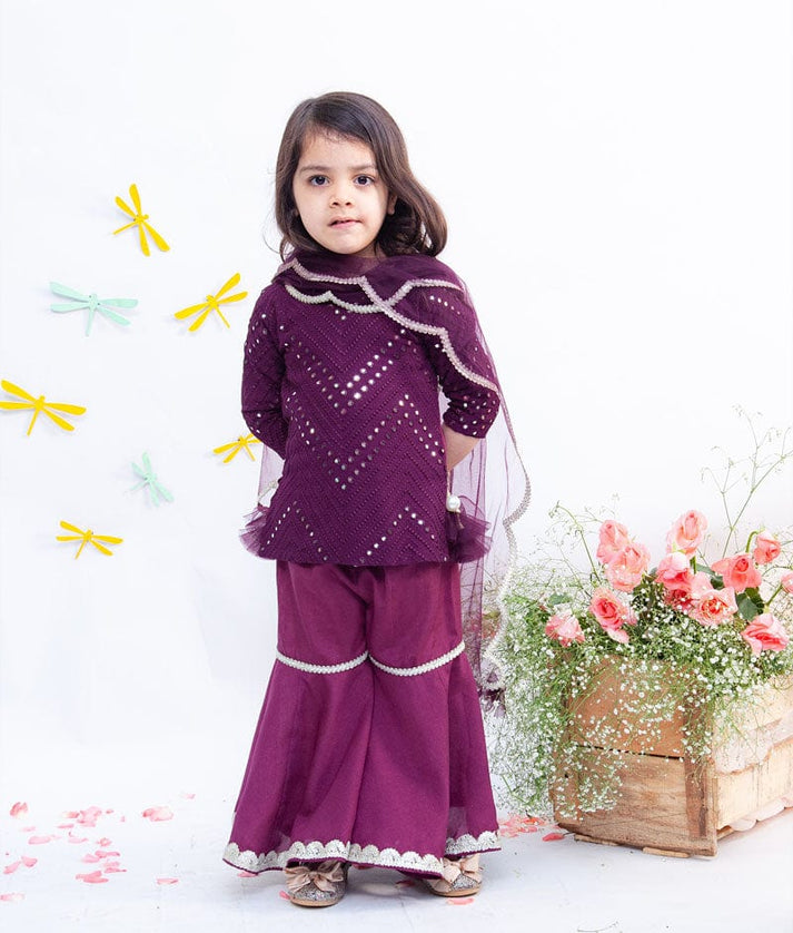 Wine Burgundy Mirror and Thread Sharara with Kurti Net Dupatta for Girls