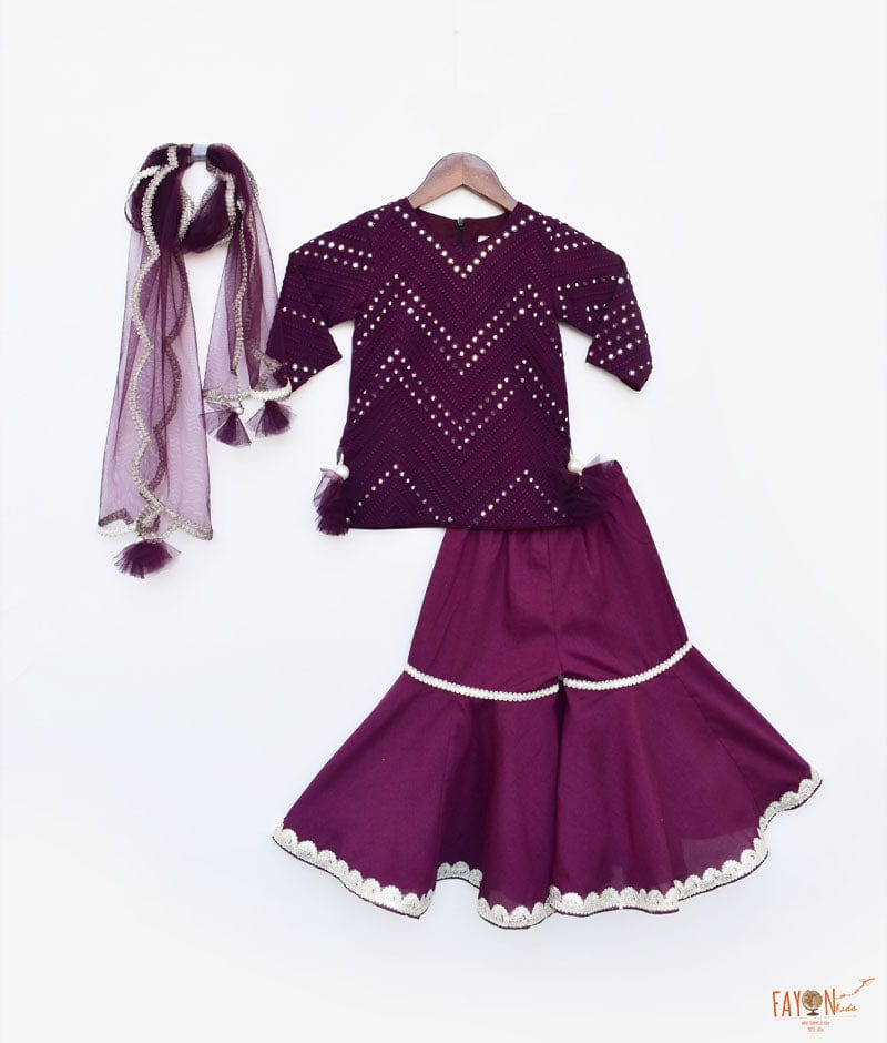 Wine Burgundy Mirror and Thread Sharara with Kurti Net Dupatta for Girls