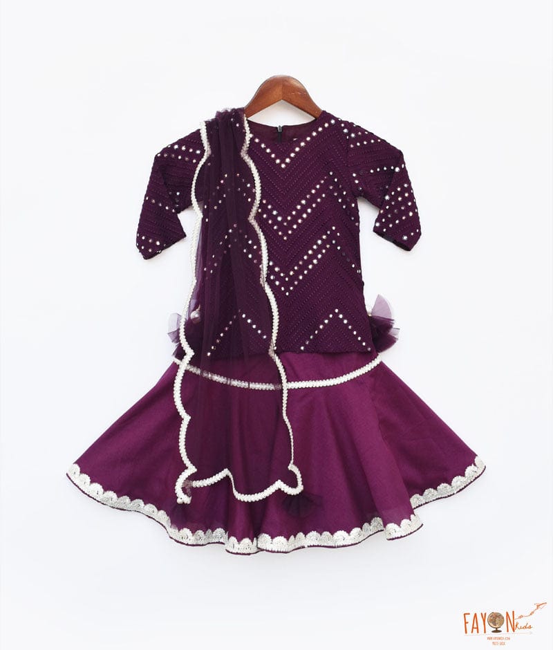 Wine Burgundy Mirror and Thread Sharara with Kurti Net Dupatta for Girls