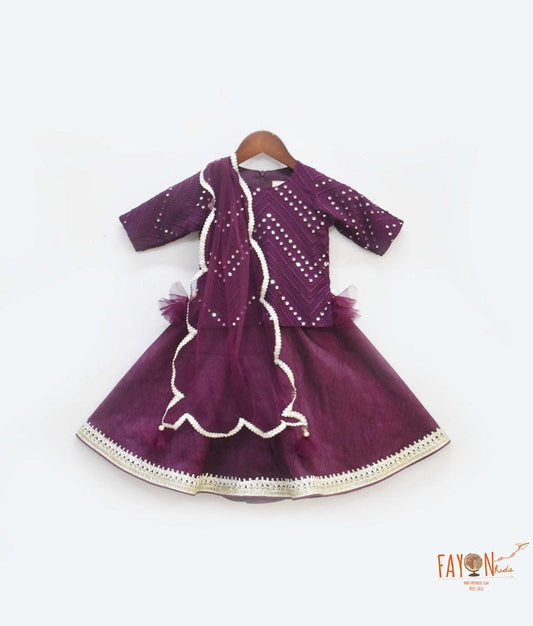 Wine Burgundy Mirror Embroidery Silk Lehenga with Choli Net Dupatta for Girls