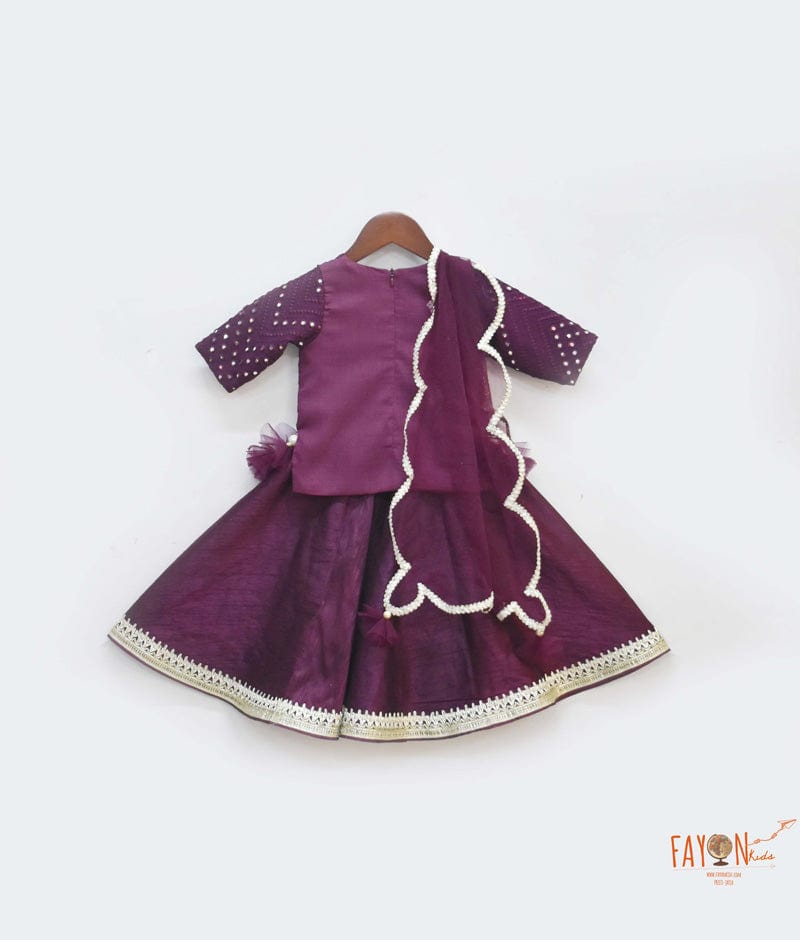 Wine Burgundy Mirror Embroidery Silk Lehenga with Choli Net Dupatta for Girls