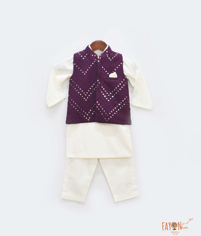 Wine Burgundy Mirror Work Jacket with Kurta Pant for Boys