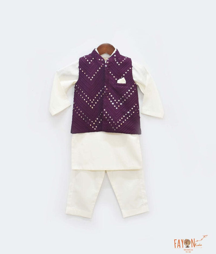 Wine Burgundy Mirror Work Jacket with Kurta Pant for Boys