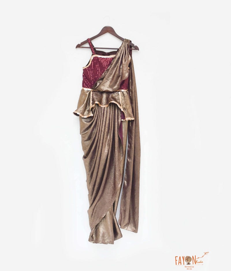 Wine Burgundy Sequins Golden Shimmer Saree for Girls