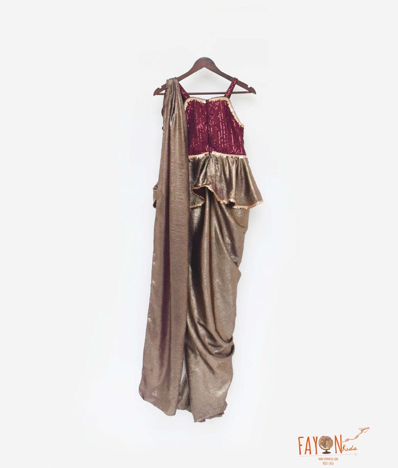 Wine Burgundy Sequins Golden Shimmer Saree for Girls