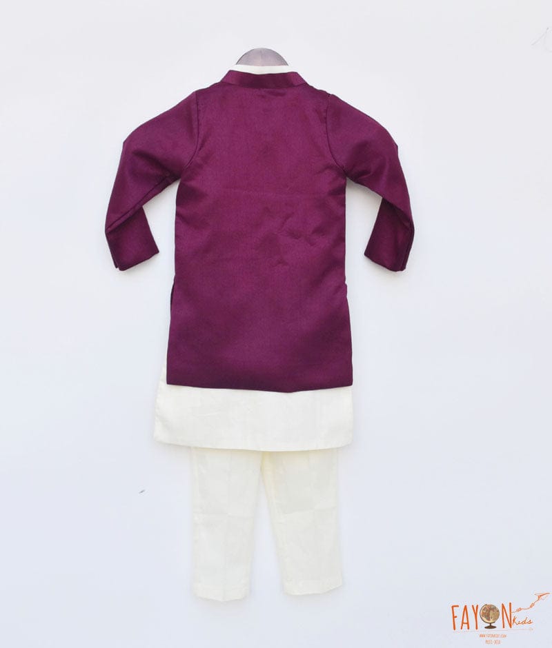 Fayon Kids Wine Silk Jacket and Off white Kurta Pant for Boys