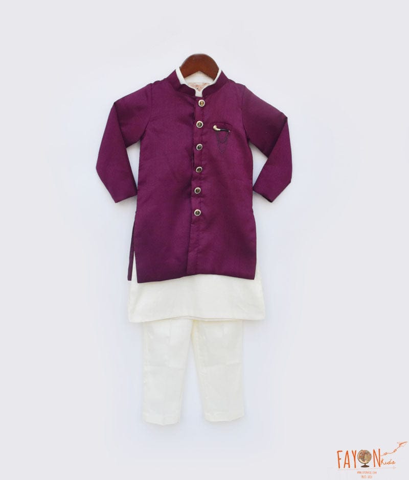 Fayon Kids Wine Silk Jacket and Off white Kurta Pant for Boys