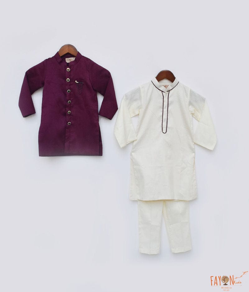 Fayon Kids Wine Silk Jacket and Off white Kurta Pant for Boys