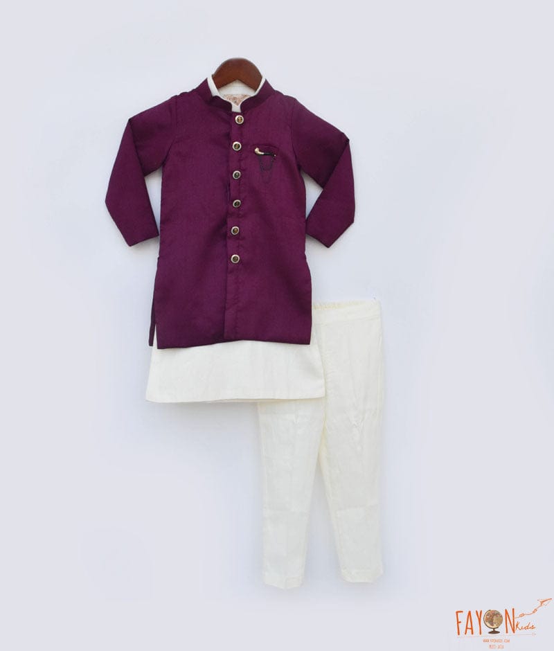 Fayon Kids Wine Silk Jacket and Off white Kurta Pant for Boys