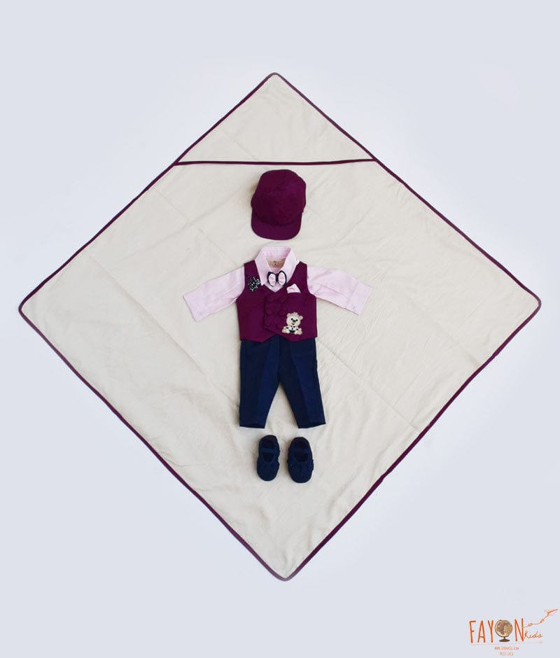 Fayon Kids Wine Waist Coat and Off white Shirt Pant for Boys