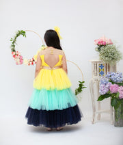 Yellow Aqua Blue Frill Gown for Girls