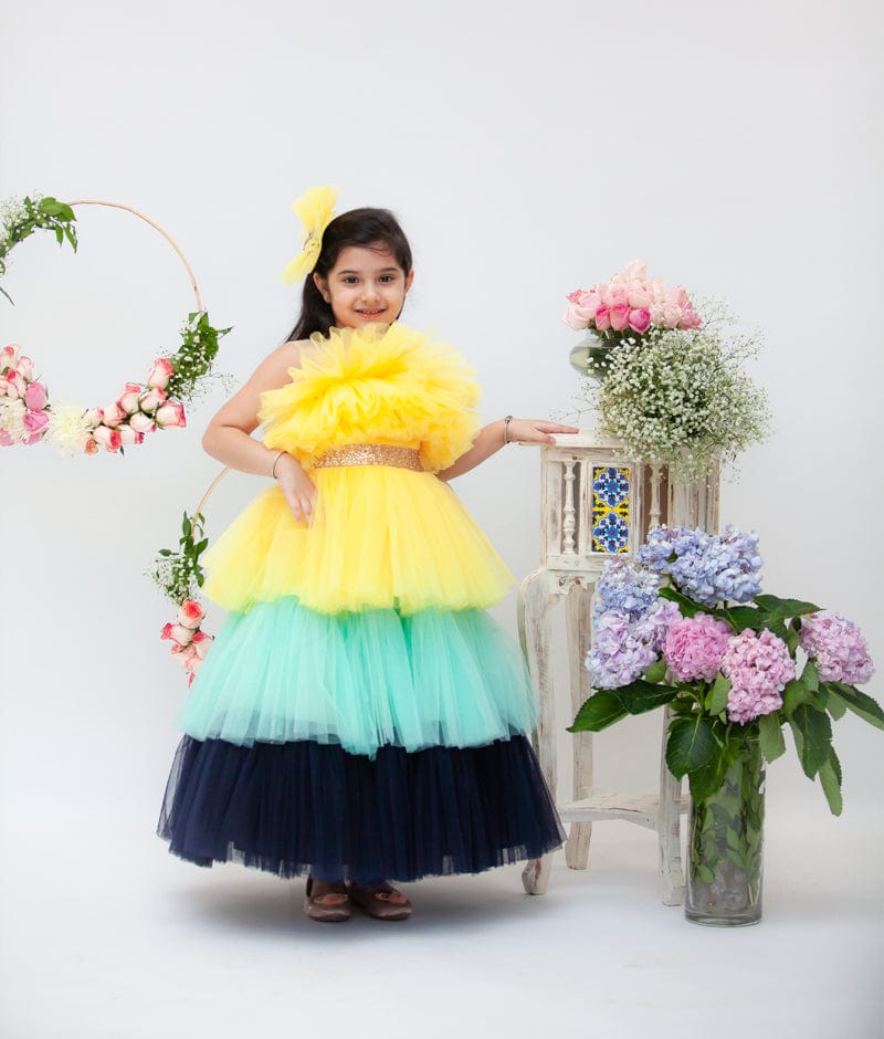 Fayon Kids Yellow Aqua Blue Frill Gown for Girls
