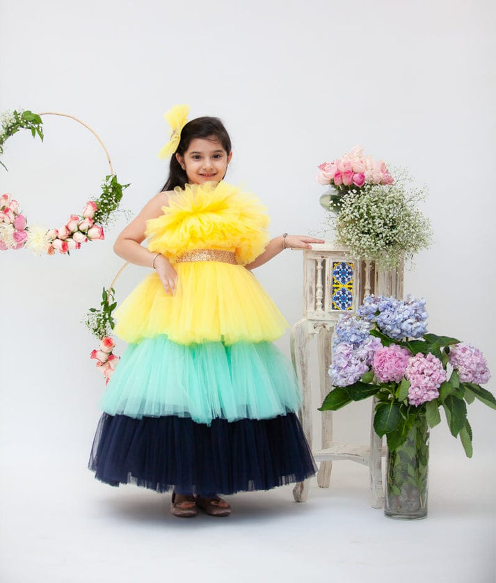 Fayon Kids Yellow Aqua Blue Frill Gown for Girls