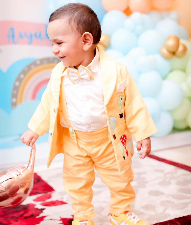 Fayon Kids Yellow Ballons Motif Coat with White Shirt Pant for Boys