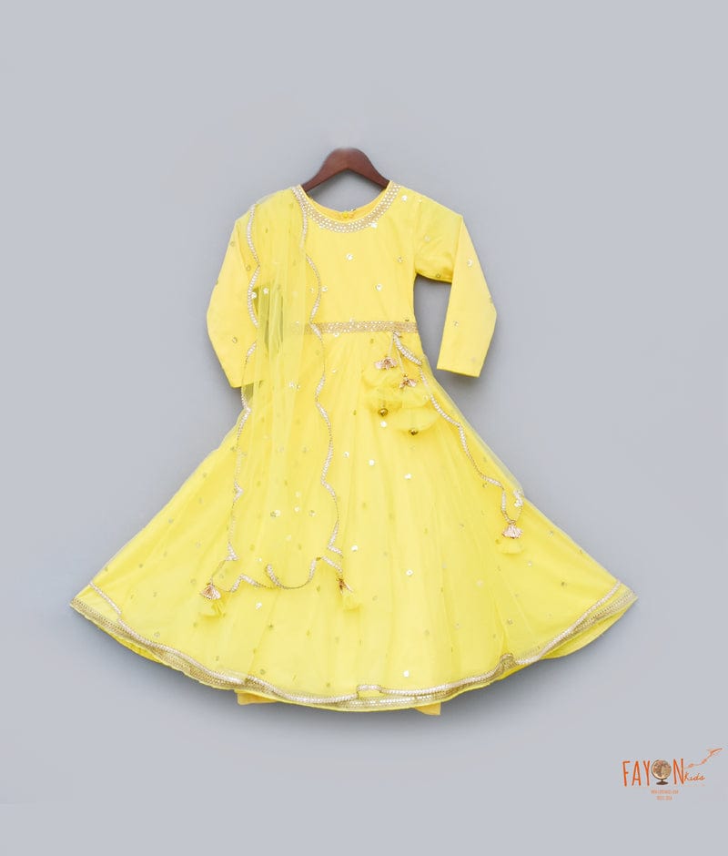 Fayon Kids Yellow Boti Net Anarkali with Boti Net Dupatta for Girls