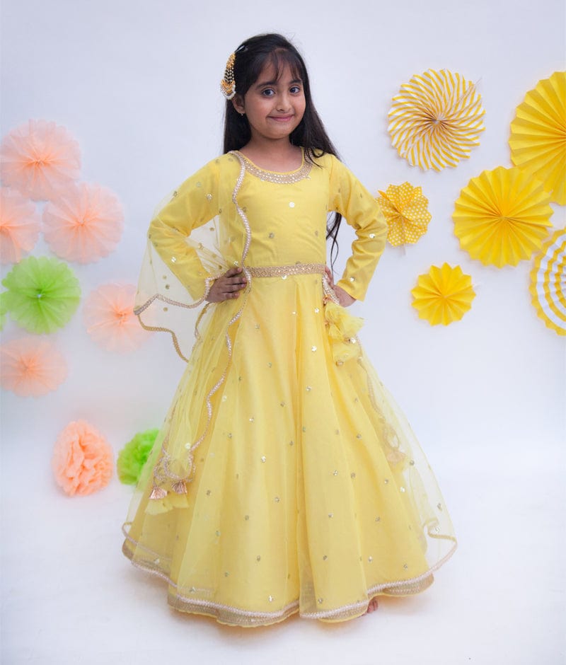 Fayon Kids Yellow Boti Net Anarkali with Boti Net Dupatta for Girls