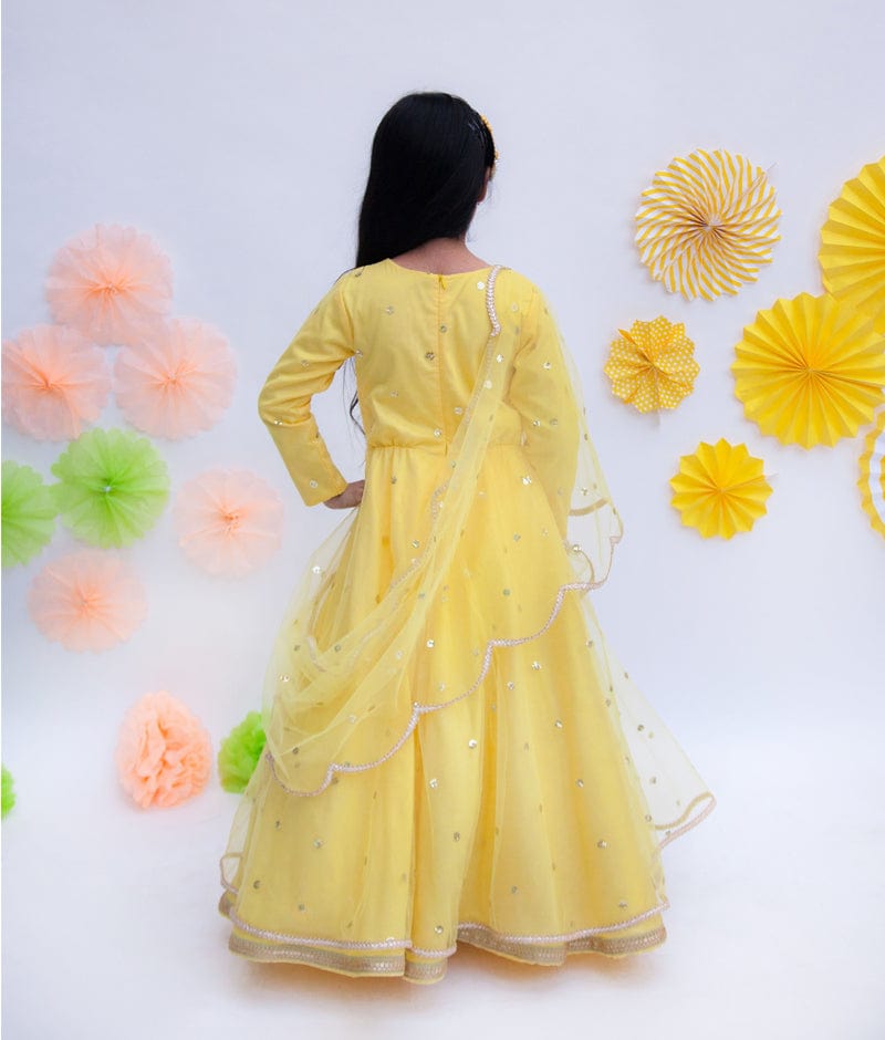 Fayon Kids Yellow Boti Net Anarkali with Boti Net Dupatta for Girls