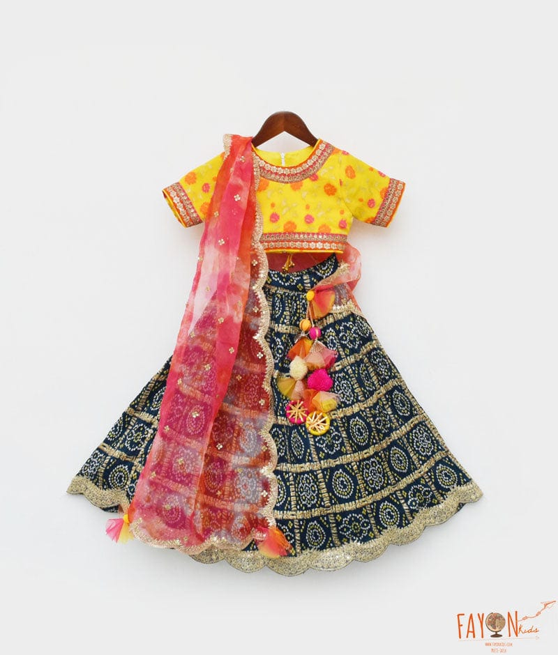 Fayon Kids Yellow Brocade Choli Lehenga and Pink Organza Dupatta for Girls