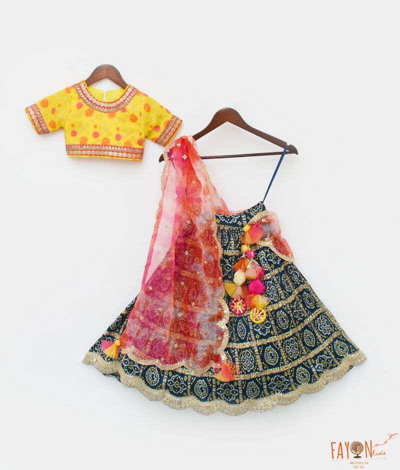 Fayon Kids Yellow Brocade Choli Lehenga and Pink Organza Dupatta for Girls