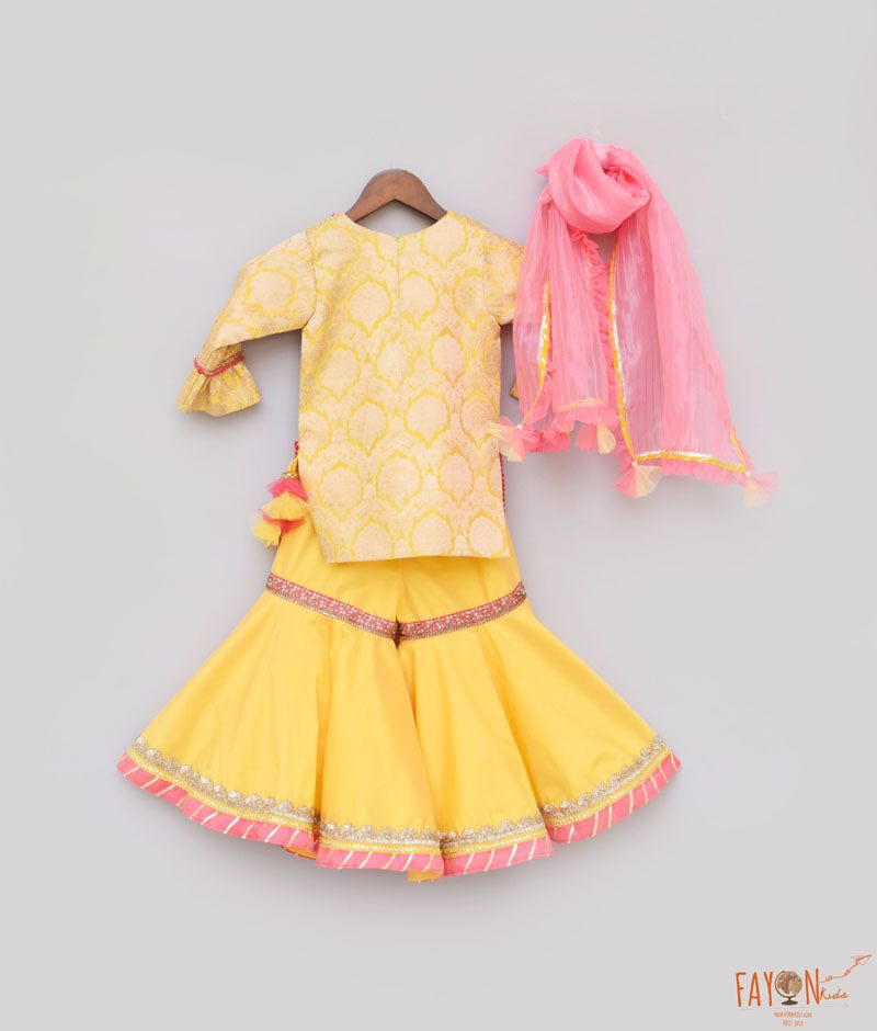 Fayon Kids Yellow Brocade Sharara with Kurti Georgette Dupatta for Girls