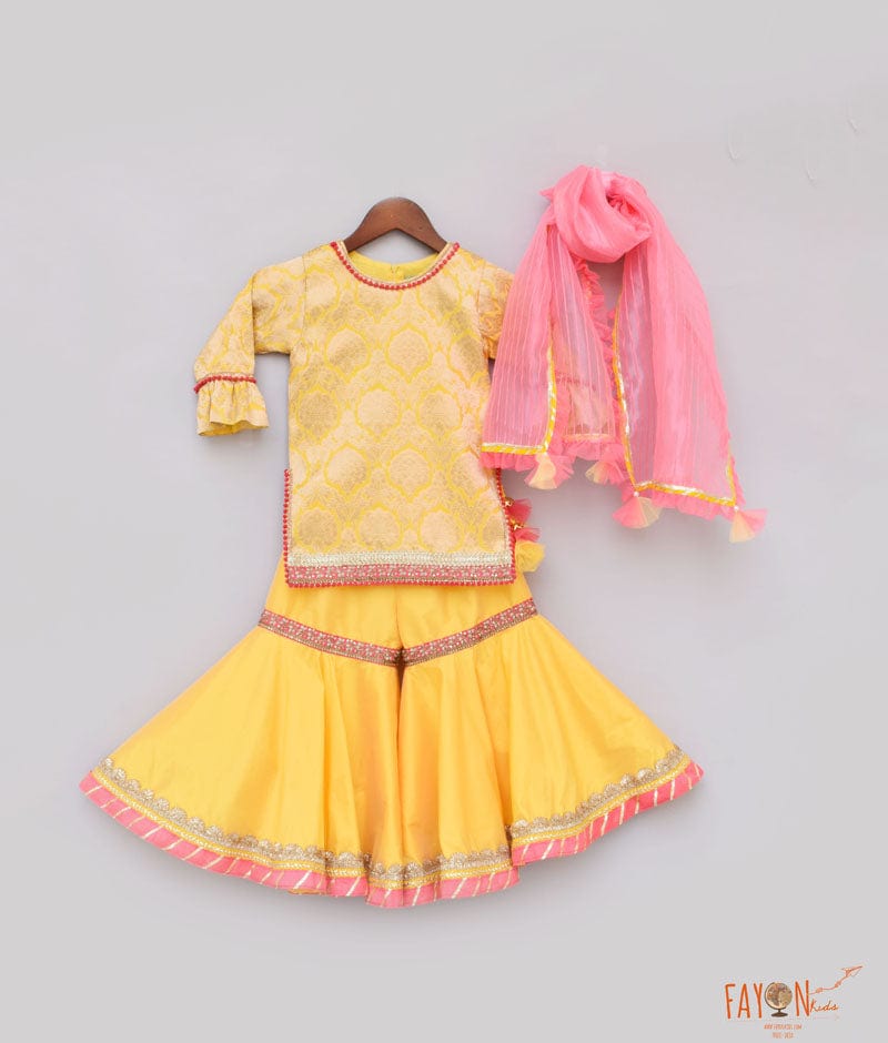 Fayon Kids Yellow Brocade Sharara with Kurti Georgette Dupatta for Girls