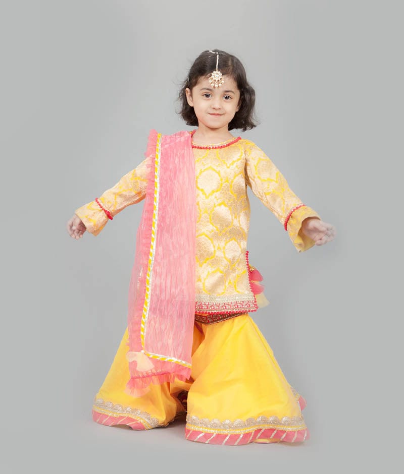 Fayon Kids Yellow Brocade Sharara with Kurti Georgette Dupatta for Girls