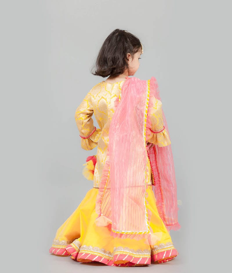 Fayon Kids Yellow Brocade Sharara with Kurti Georgette Dupatta for Girls