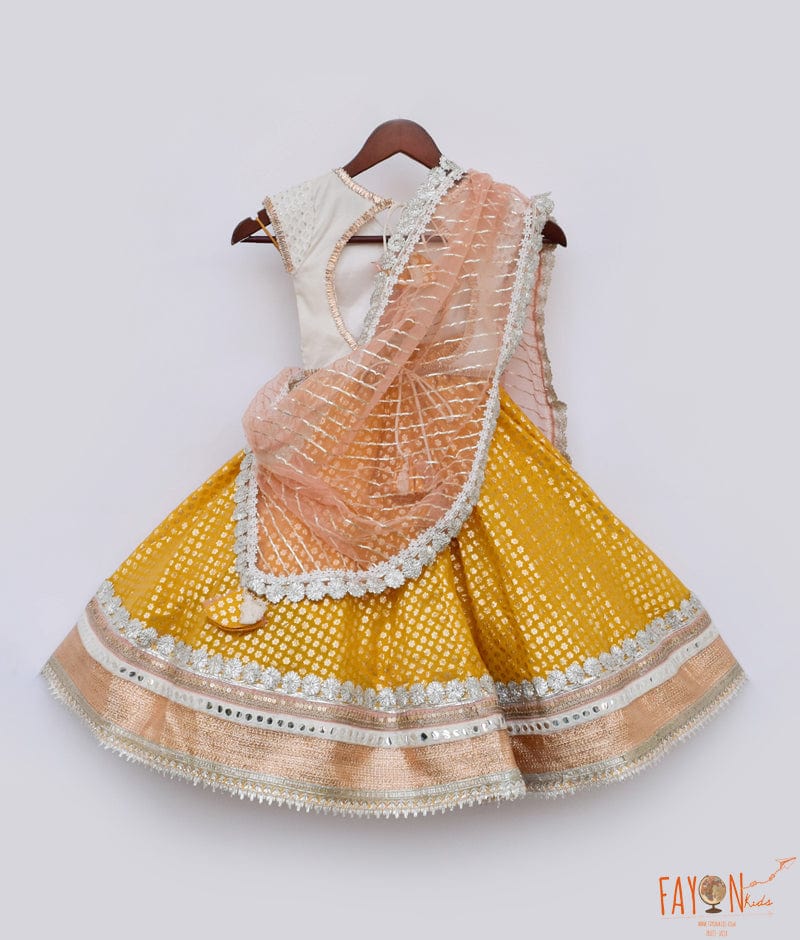 Yellow Chanderi Lehenga White Embroidery Choli Dupatta for Girls