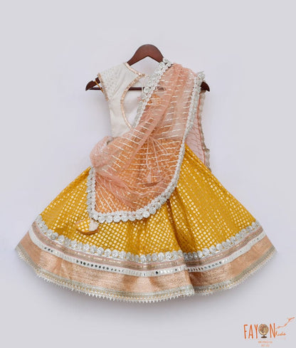 Yellow Chanderi Lehenga White Embroidery Choli Dupatta for Girls