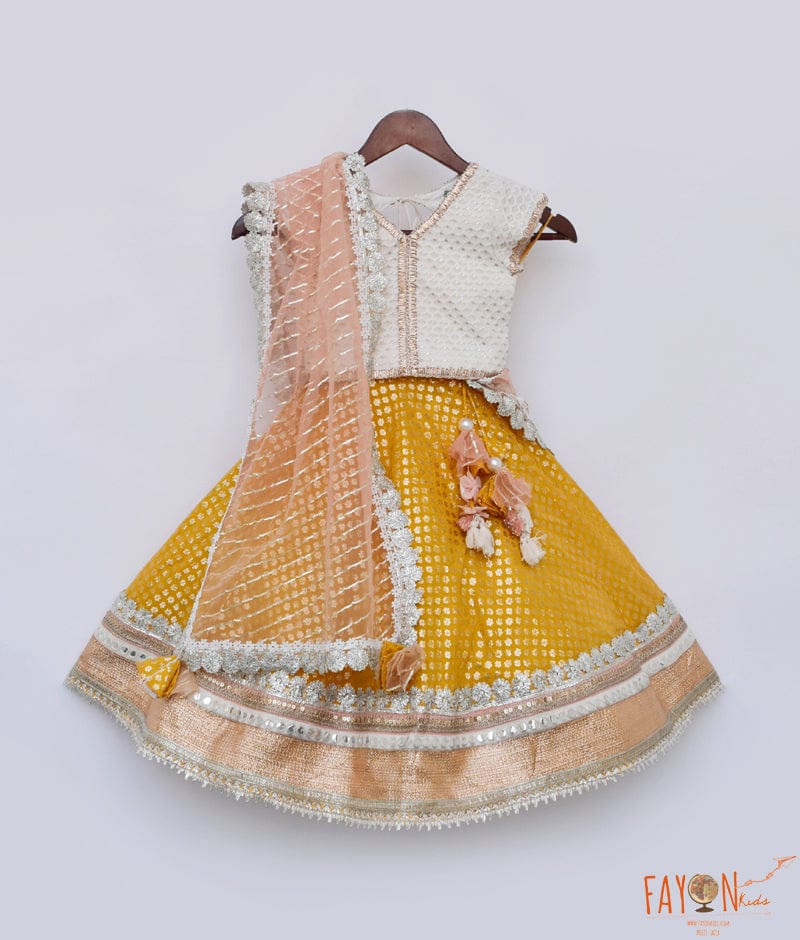 Yellow Chanderi Lehenga White Embroidery Choli Dupatta for Girls