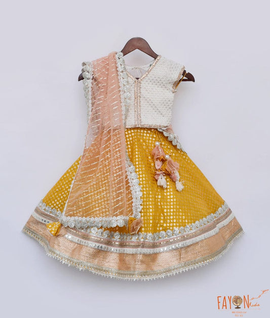 Yellow Chanderi Lehenga White Embroidery Choli Dupatta for Girls