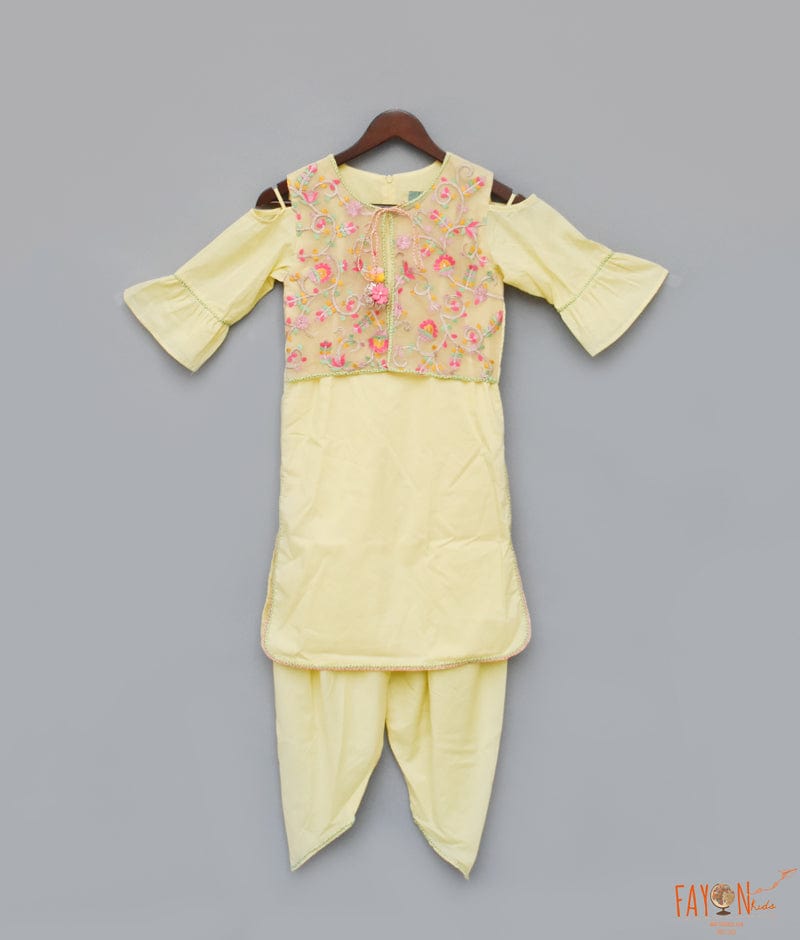 Yellow Cotton Dhoti Set with Embroidery Jacket for Girls