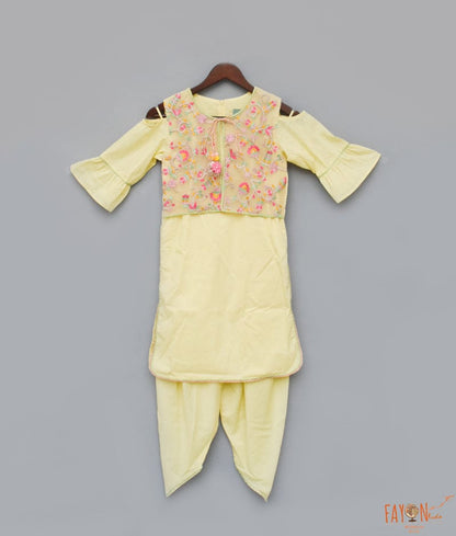 Yellow Cotton Dhoti Set with Embroidery Jacket for Girls