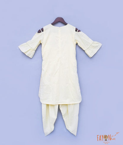 Yellow Cotton Dhoti Set with Embroidery Jacket for Girls