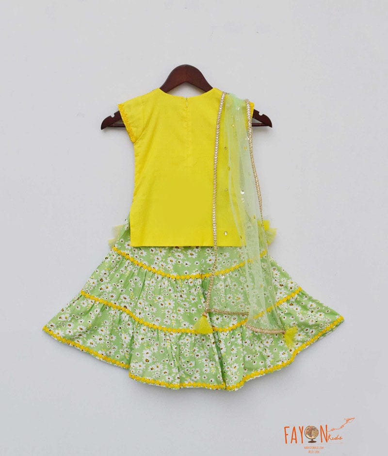 Fayon Kids Yellow Cotton Silk Green Printed Sharara with Kurti Boti Net Dupatta for Girls